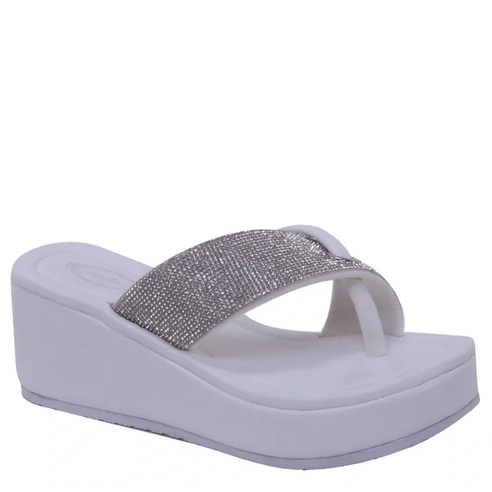 Size 5.5 Italina White Silver Rhinestone Embellished Platform Thong Sandal